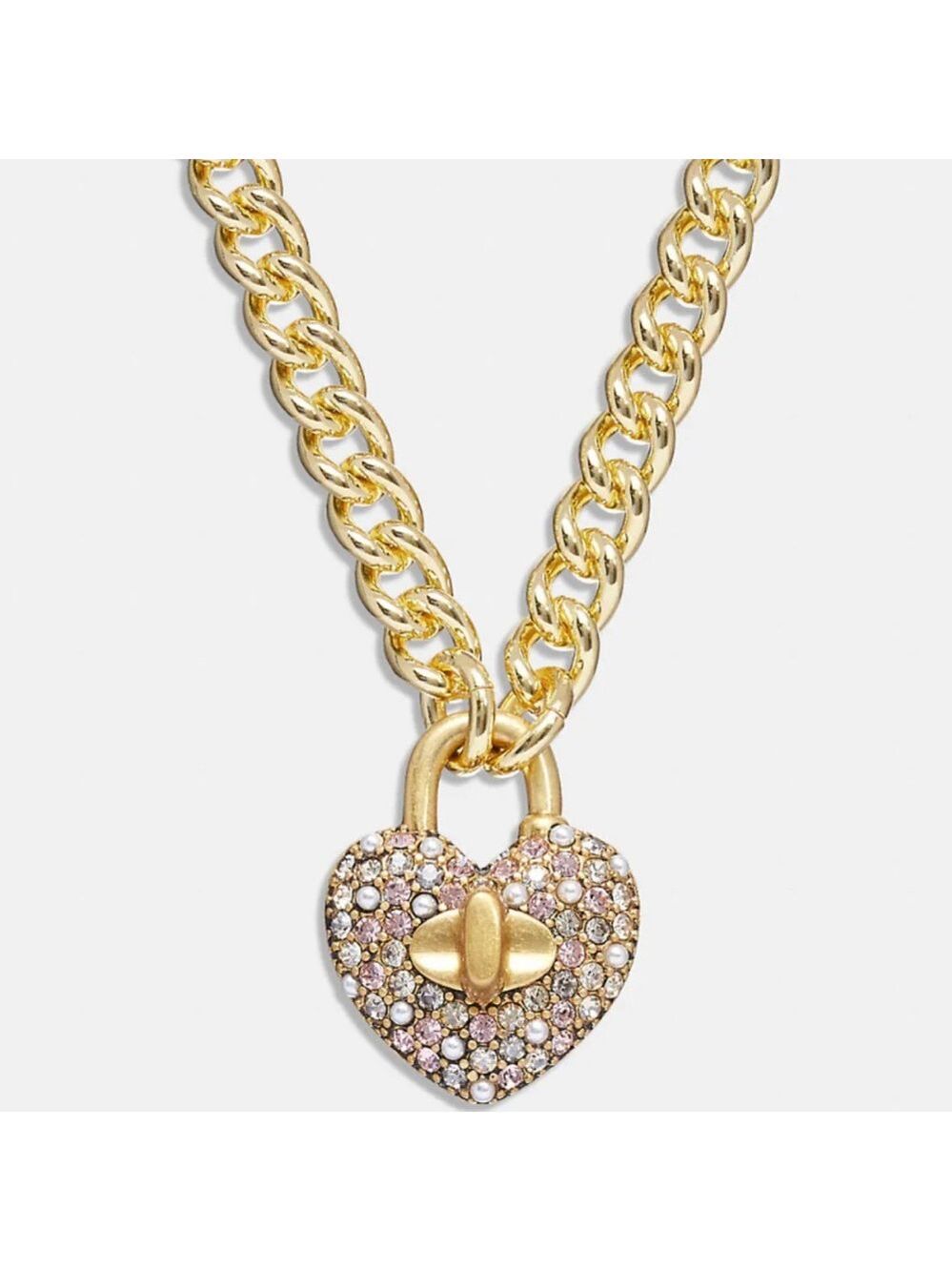 NWT Coach Heart Turnlock Pavé Chain Link Necklace Gold / Pink Multicolor